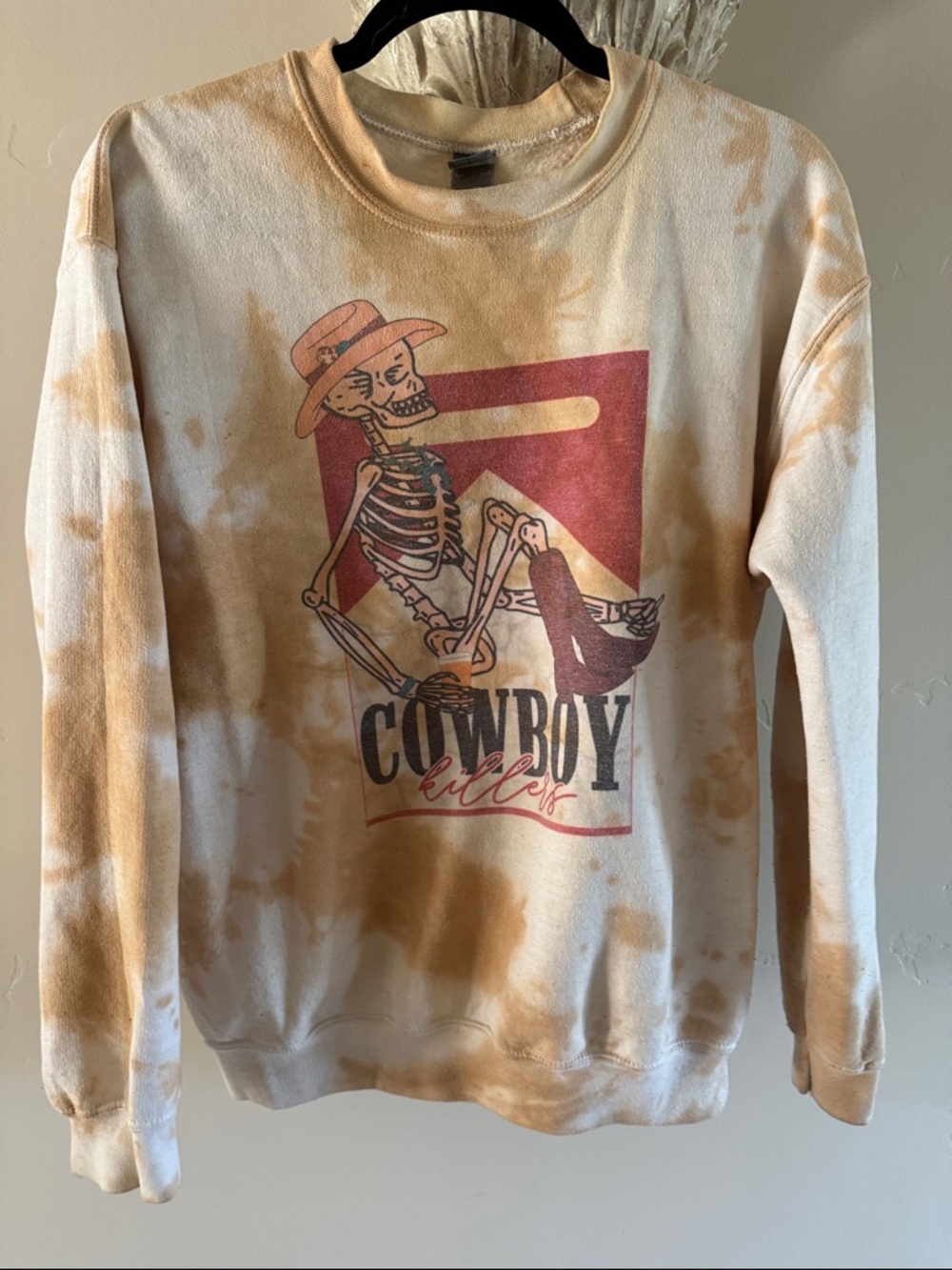 Cowboy Skeleton Graphic Crewneck Sweatshirt - Beige Tie-Dye